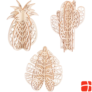 Natura Punto Set of 3 natural wood 3D puzzle, leaf, pineapple and cactus, 29.5 x 17.5 cm
