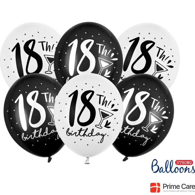 Partydeco Balloon 18th! Birthday Black / White Ø 30 cm, 6 pieces