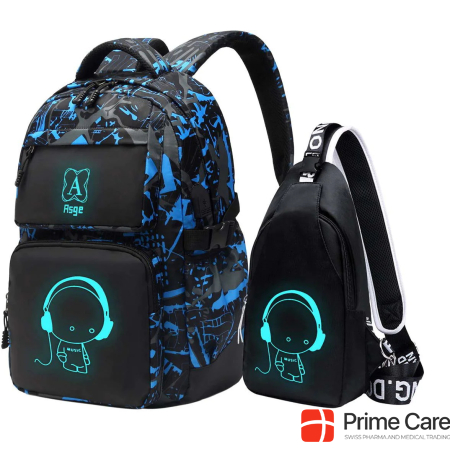 Asge School Backpack, Waterproof, Black/Blue