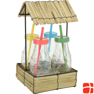 Koopman Drinking glass set in straw basket, roof