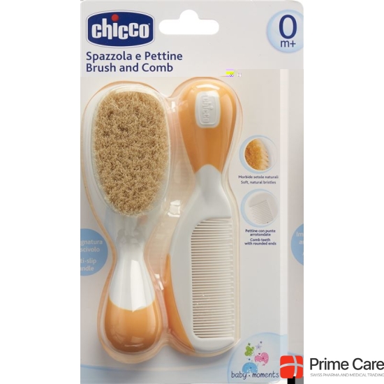 Chicco comb and brush natural bristles orange 0m +