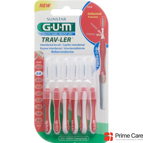 GUM SUNSTAR Proxabrush Trav-Ler ISO 1 0.8mm cylindric red 6 pcs