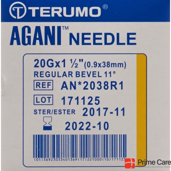 Terumo Agani disposable cannula 20G 0.9x38mm yellow 100 pcs