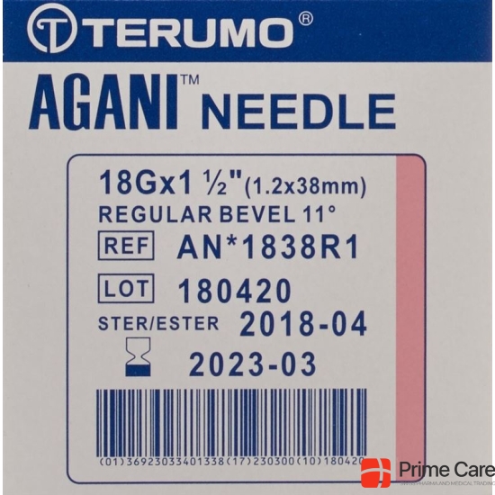 Terumo Agani disposable cannula 18G 1.2x38mm pink 100 pcs