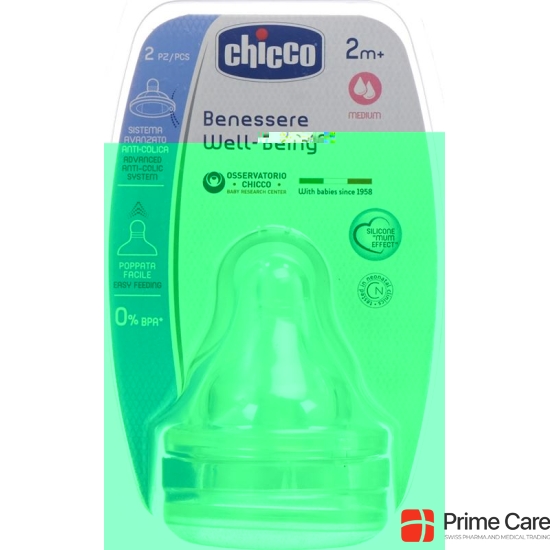 Chicco Physiological anti-colic bottle nipple silicone 2 hole. medium flow 2m + IT / DE / FR 2 pcs